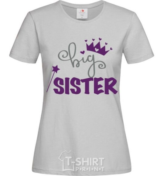 Women's T-shirt Big sister purple lettering grey фото