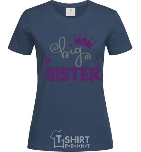 Women's T-shirt Big sister purple lettering navy-blue фото