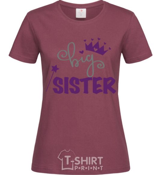 Women's T-shirt Big sister purple lettering burgundy фото