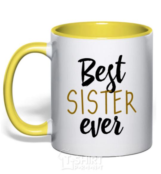 Mug with a colored handle Best sister ever Inscription yellow фото