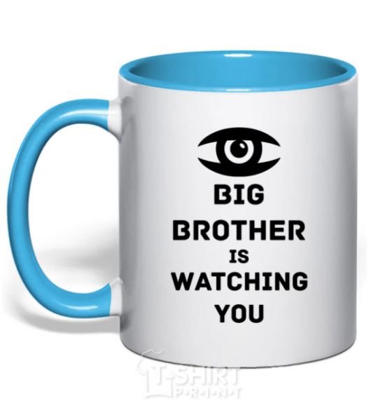 Mug with a colored handle Big brother is watching you (eye) sky-blue фото