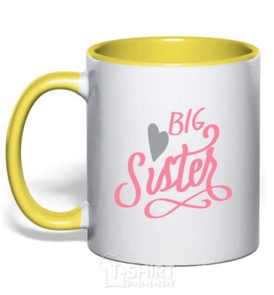Mug with a colored handle BIG sister pink inscription yellow фото