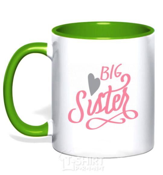 Mug with a colored handle BIG sister pink inscription kelly-green фото