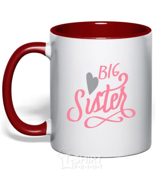Mug with a colored handle BIG sister pink inscription red фото