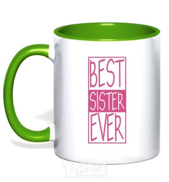 Mug with a colored handle Best sister ever horizontal lettering kelly-green фото