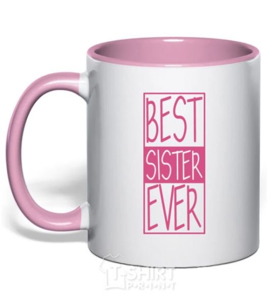 Mug with a colored handle Best sister ever horizontal lettering light-pink фото