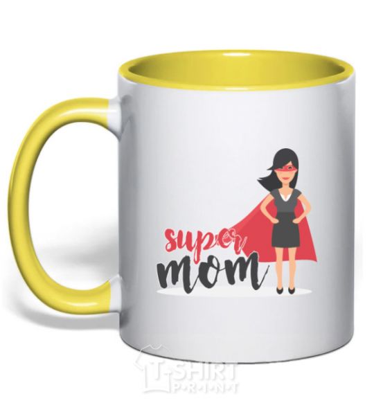 Mug with a colored handle Superhero SUPER MOM yellow фото