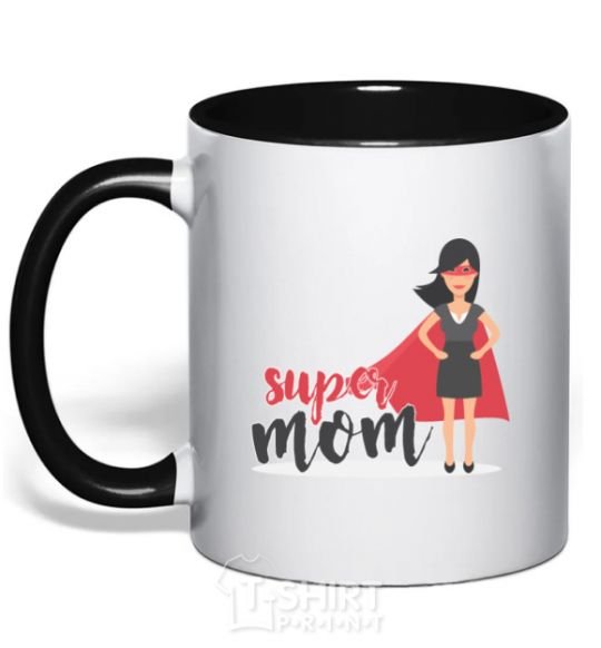 Mug with a colored handle Superhero SUPER MOM black фото