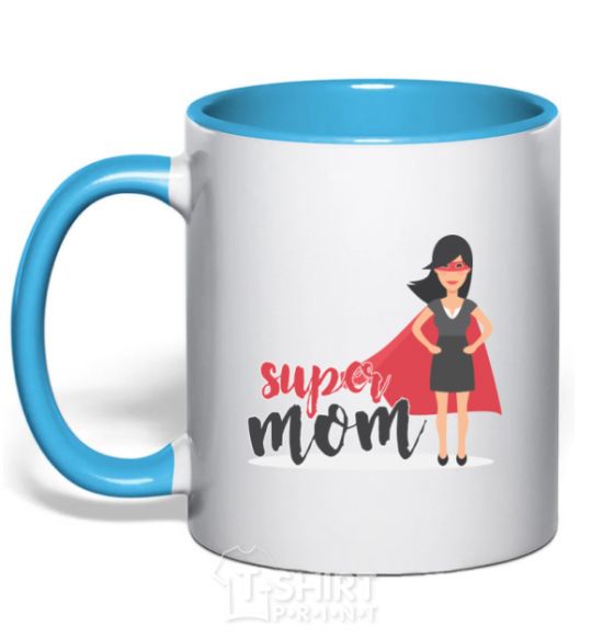 Mug with a colored handle Superhero SUPER MOM sky-blue фото