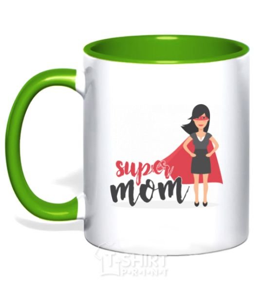 Mug with a colored handle Superhero SUPER MOM kelly-green фото