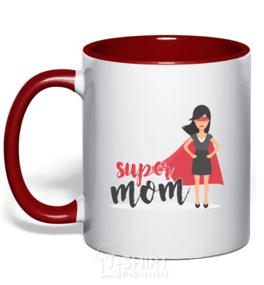 Mug with a colored handle Superhero SUPER MOM red фото