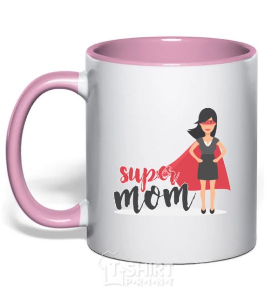 Mug with a colored handle Superhero SUPER MOM light-pink фото