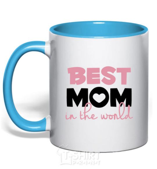 Mug with a colored handle Best mom in the world ( big letters ) sky-blue фото