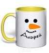 Mug with a colored handle A personalized snowman yellow фото