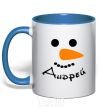 Mug with a colored handle A personalized snowman royal-blue фото