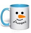 Mug with a colored handle A personalized snowman sky-blue фото