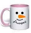 Mug with a colored handle A personalized snowman light-pink фото