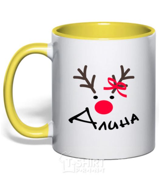 Mug with a colored handle Named reindeer yellow фото