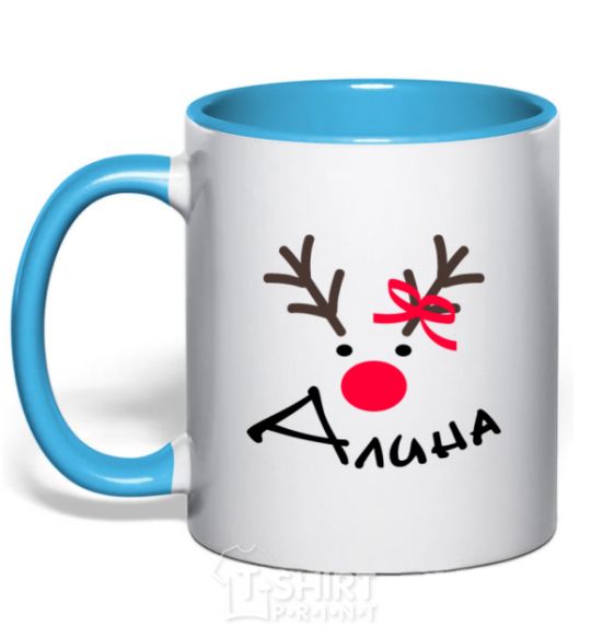 Mug with a colored handle Named reindeer sky-blue фото