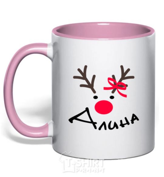 Mug with a colored handle Named reindeer light-pink фото