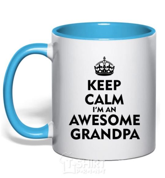 Mug with a colored handle Keep calm i am an awesome grandpa sky-blue фото