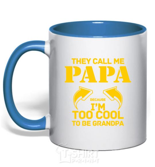 Mug with a colored handle Too cool to be grandpa royal-blue фото