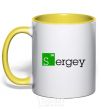 Mug with a colored handle Sergey yellow фото