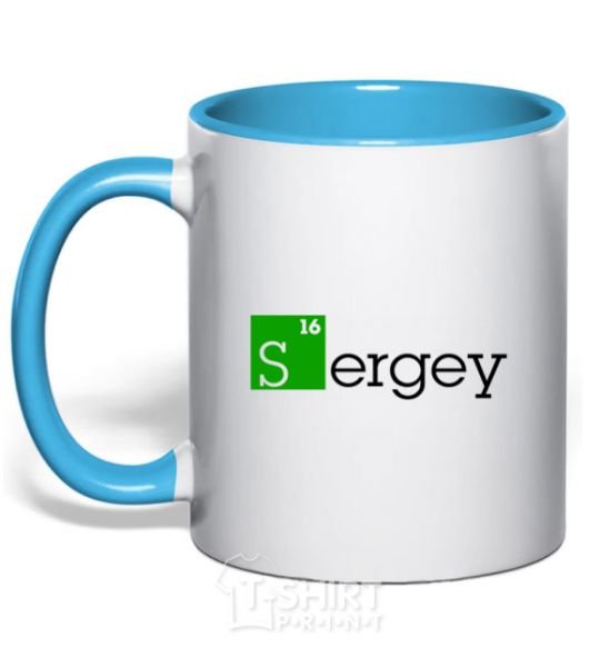 Mug with a colored handle Sergey sky-blue фото