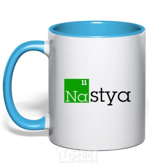 Mug with a colored handle Nastya sky-blue фото