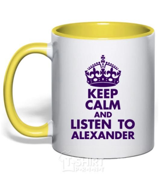 Mug with a colored handle Keep calm and listen to Alexander yellow фото