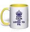 Mug with a colored handle Keep calm and listen to Fil yellow фото