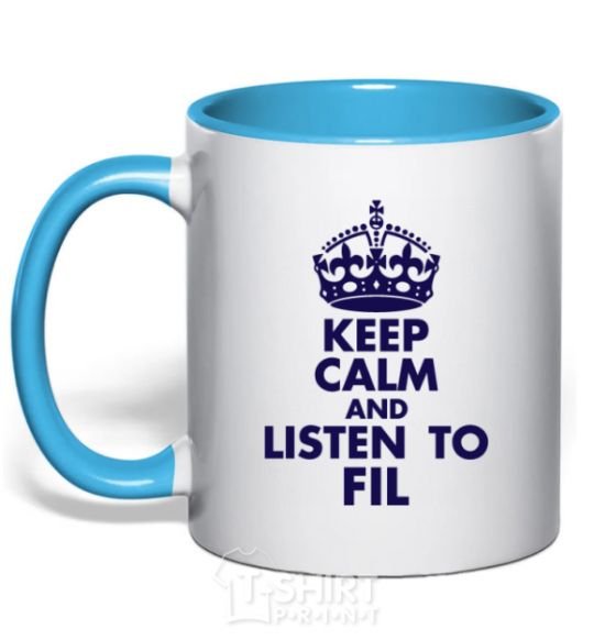 Mug with a colored handle Keep calm and listen to Fil sky-blue фото