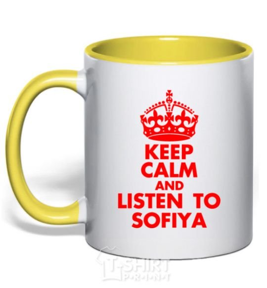 Mug with a colored handle Keep calm and listen to Sofiya yellow фото