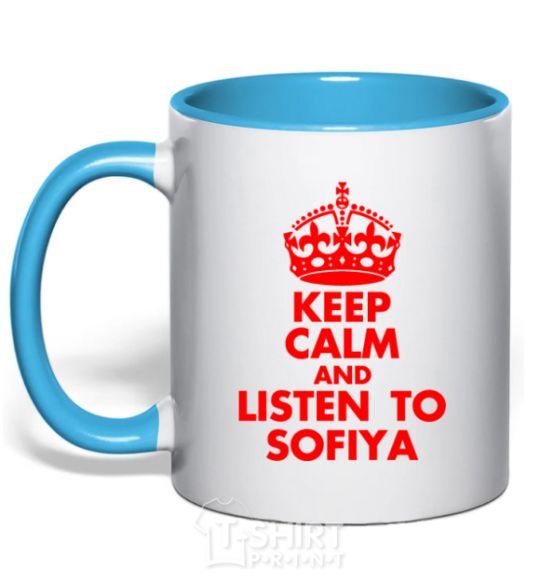 Mug with a colored handle Keep calm and listen to Sofiya sky-blue фото