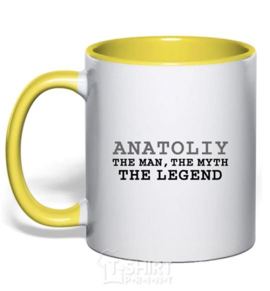 Mug with a colored handle Anatoliy the man the myth the legend yellow фото