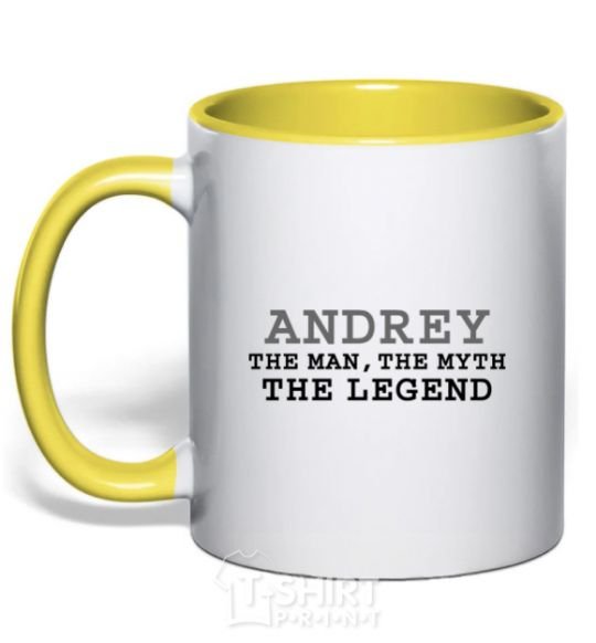 Mug with a colored handle Andrey the man the myth the legend yellow фото