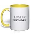 Mug with a colored handle Andrey the man the myth the legend yellow фото