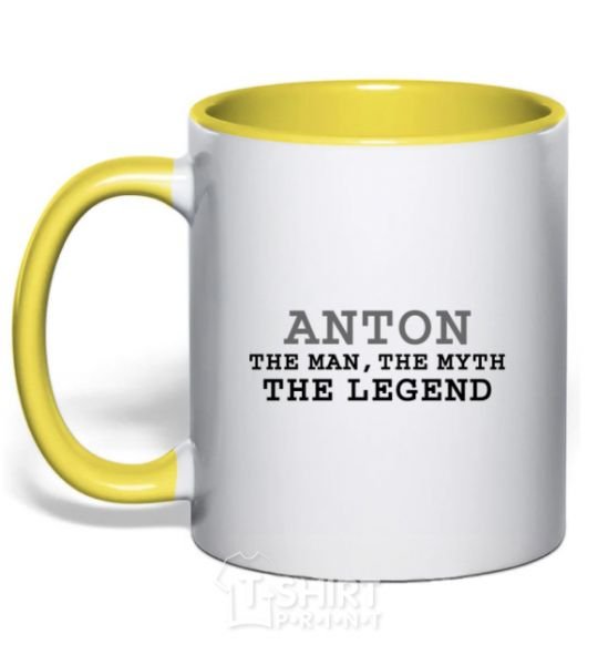 Mug with a colored handle Anton the man the myth the legend yellow фото