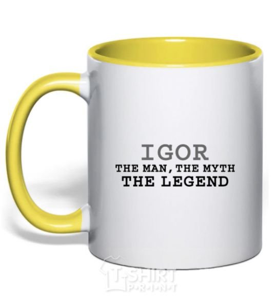 Mug with a colored handle Igor the man the myth the legend yellow фото
