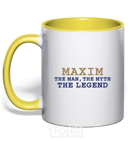 Mug with a colored handle Maxim the man the myth the legend yellow фото