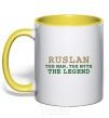 Mug with a colored handle Ruslan the man the myth the legend yellow фото