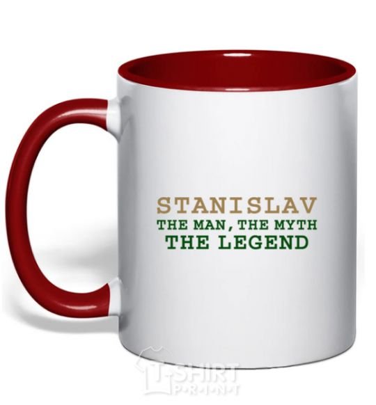 Mug with a colored handle Stanislav the man the myth the legend red фото