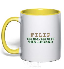Mug with a colored handle Filip the man the myth the legend yellow фото