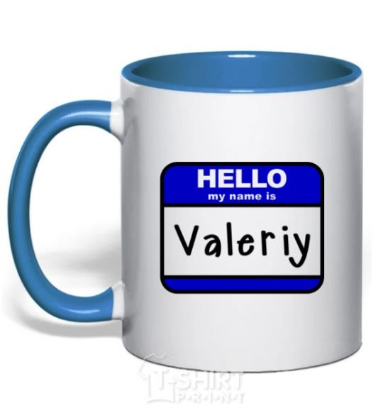 Mug with a colored handle Hello my name is Valeriy royal-blue фото