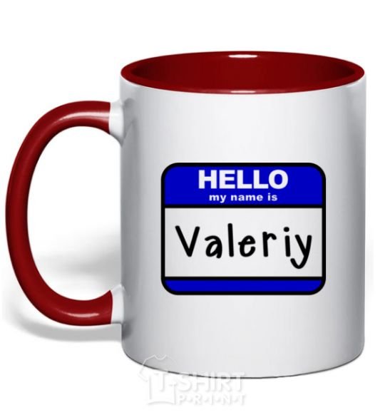 Mug with a colored handle Hello my name is Valeriy red фото