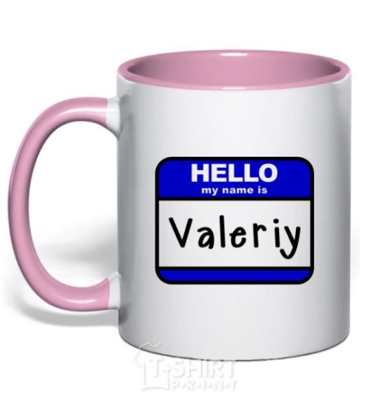 Mug with a colored handle Hello my name is Valeriy light-pink фото