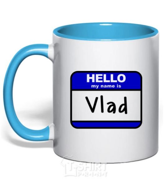 Mug with a colored handle Hello my name is Vlad sky-blue фото