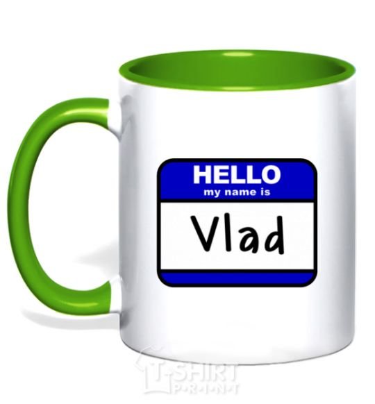 Mug with a colored handle Hello my name is Vlad kelly-green фото