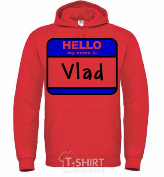 Мужская толстовка (худи) Hello my name is Vlad Ярко-красный фото