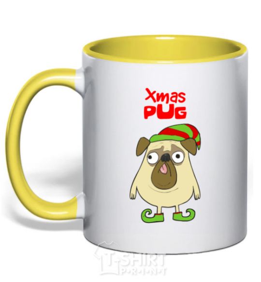 Mug with a colored handle XMAS PUG Elf yellow фото